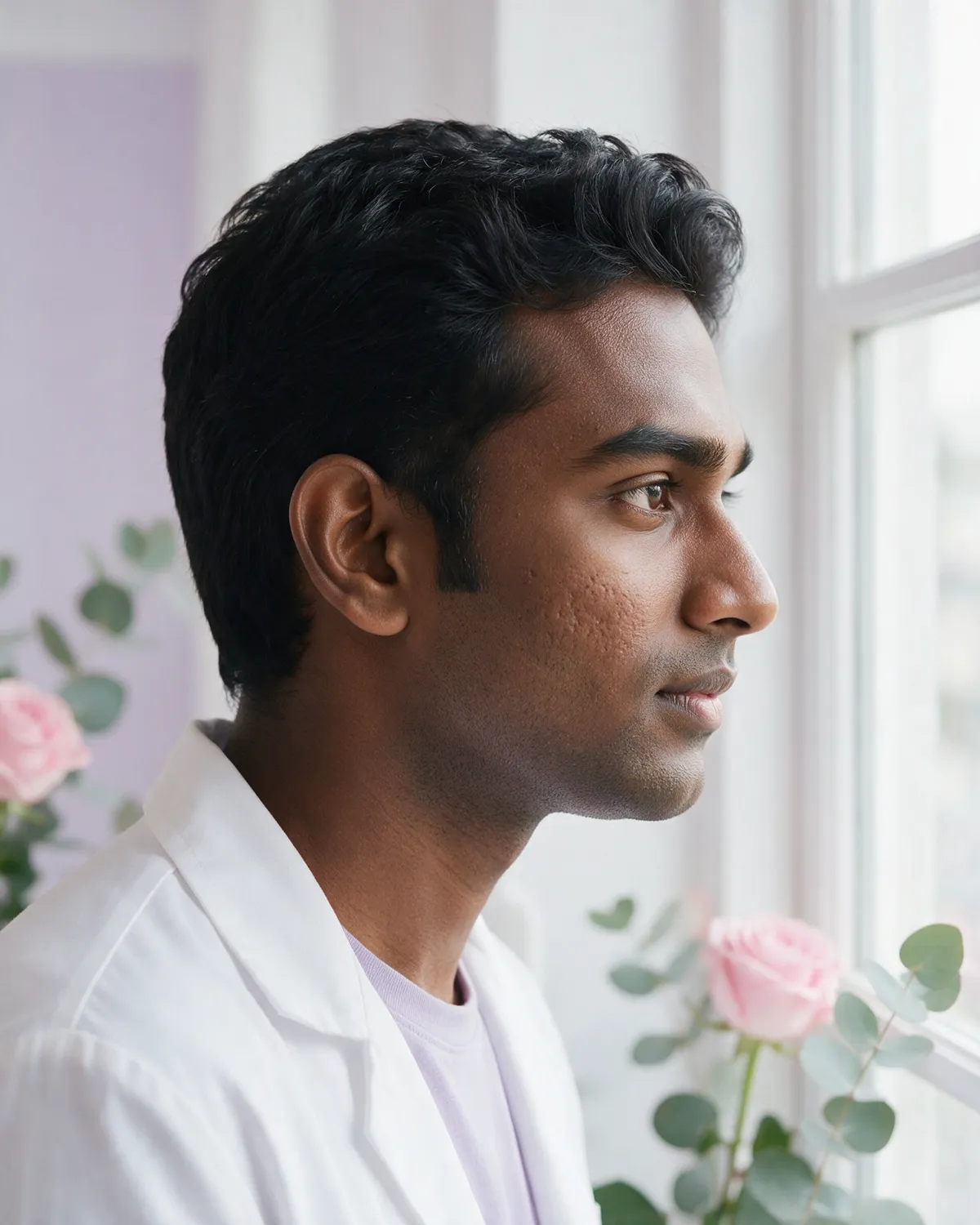 Man with textured skin in soft light