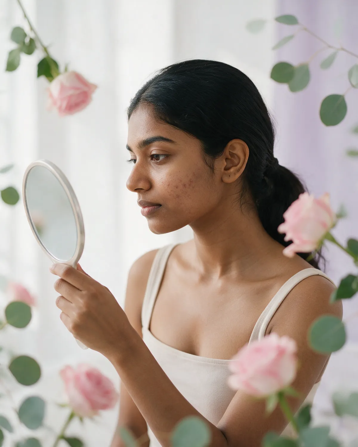 Young woman checking her skin in a mirror