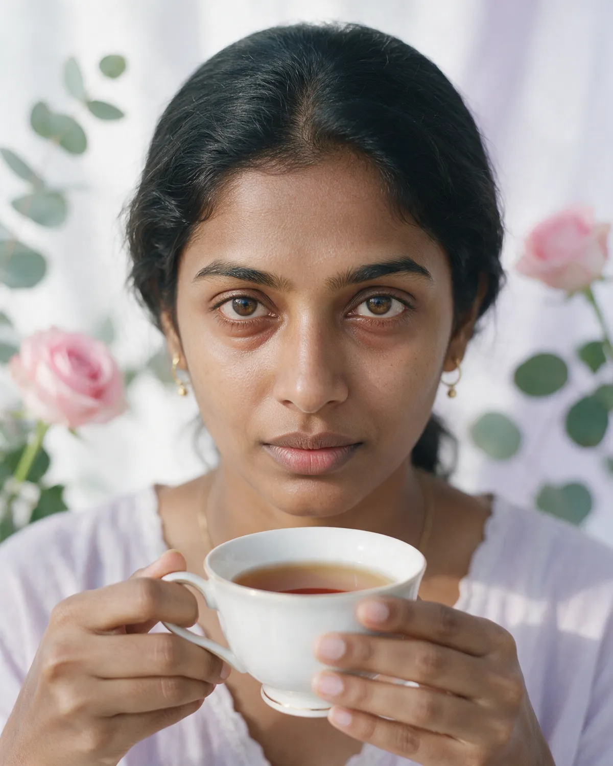 Close-up of tired under-eyes in morning light