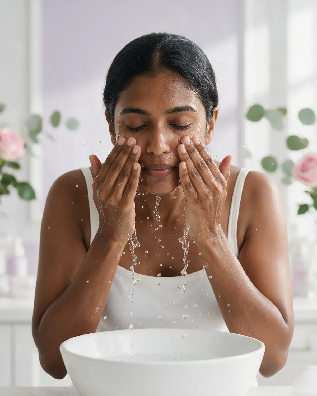 Woman refreshing her skin with water