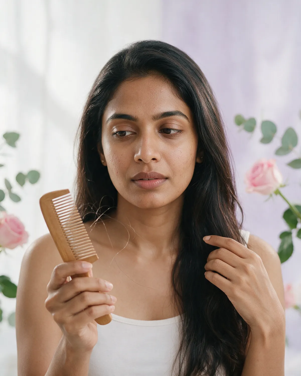 Woman noticing hair on her comb