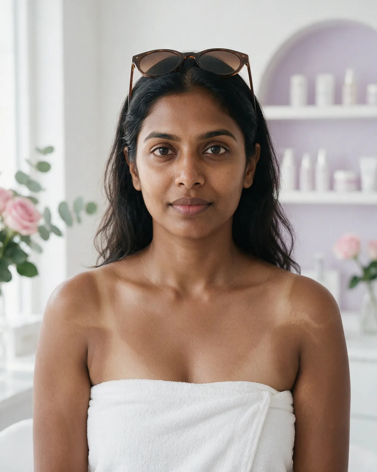 Woman with tan lines on her shoulder