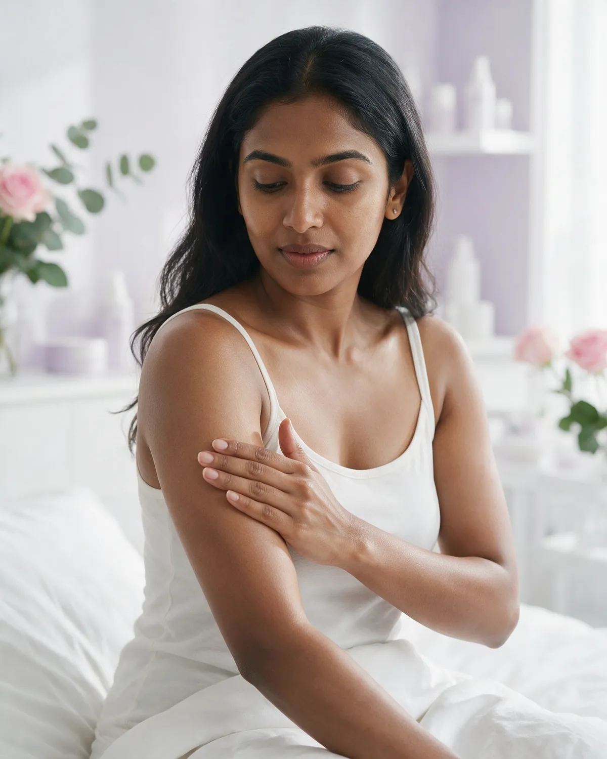 Woman touching her smooth arm
