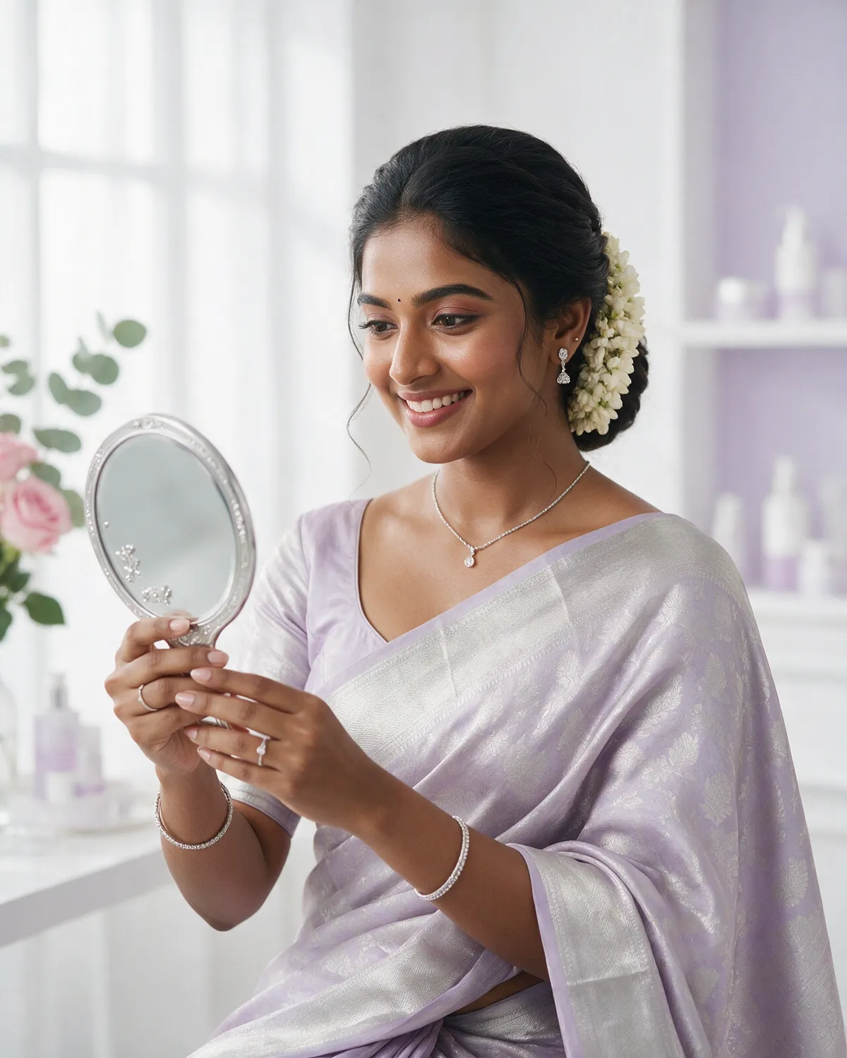 Bride with glowing skin preparing for her wedding