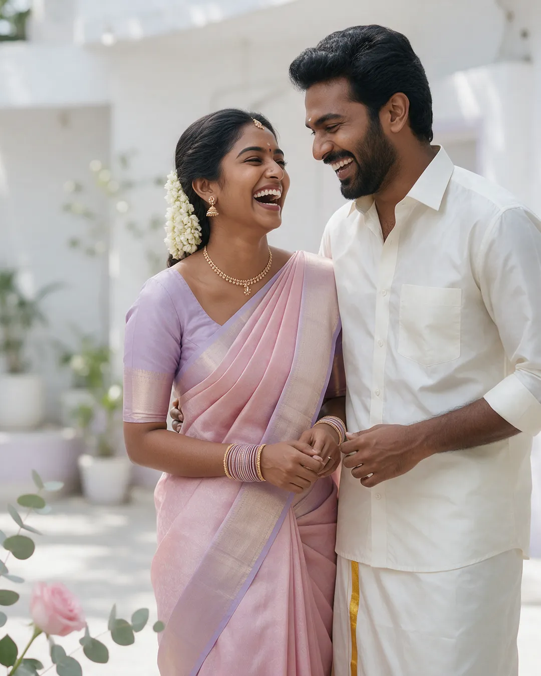 Bride and groom with glowing skin on their wedding day