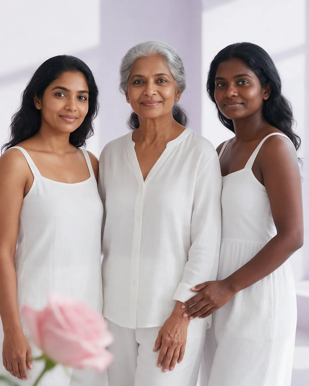 Three women with different skin tones smiling together