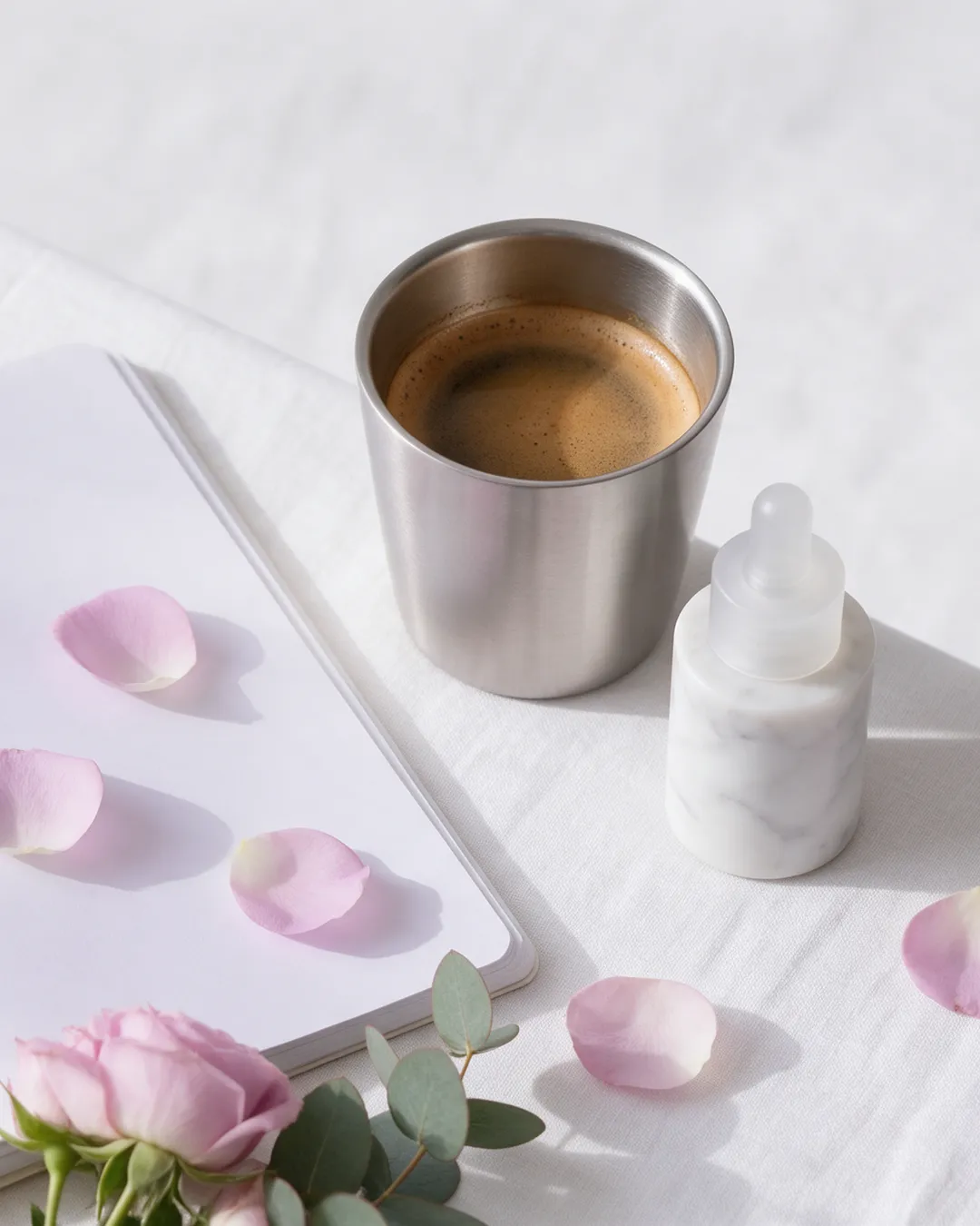 Notebook, filter coffee and skincare on a white table