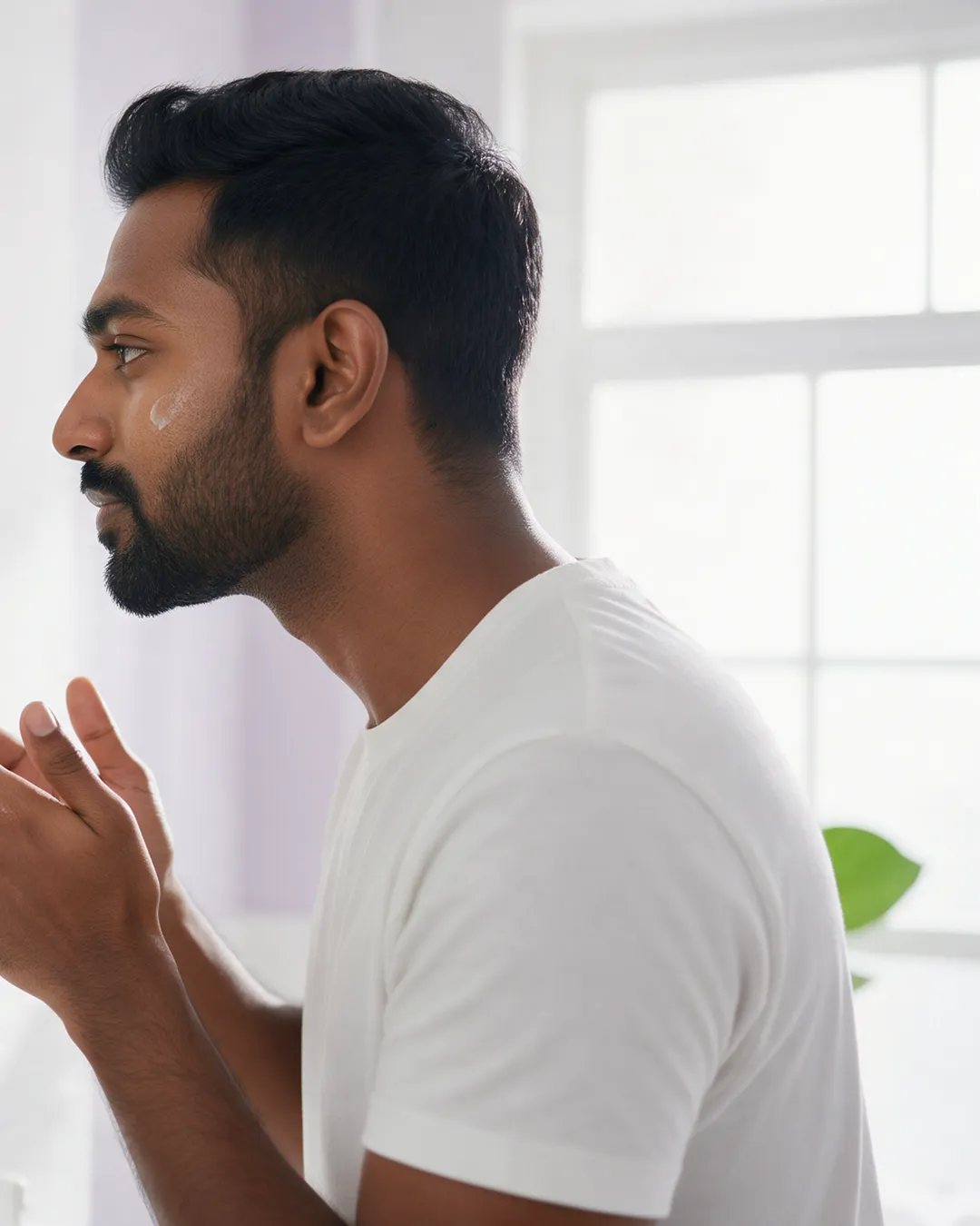 Man with a well-groomed beard in his skincare routine
