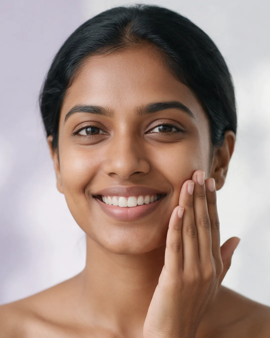 Woman touching her clear, even skin