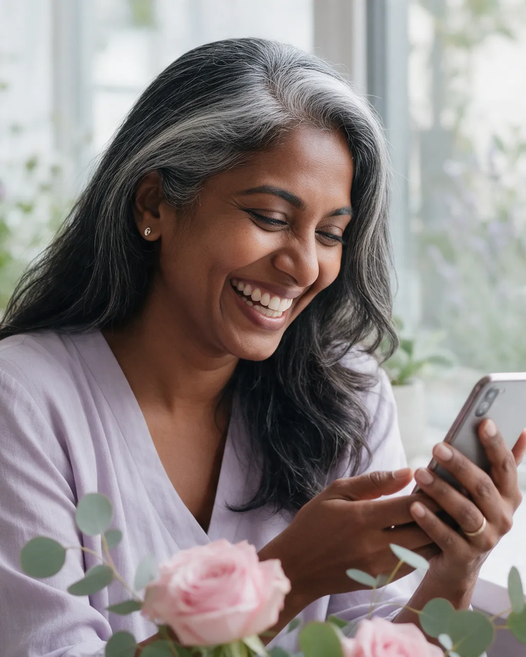 Woman smiling while reading messages