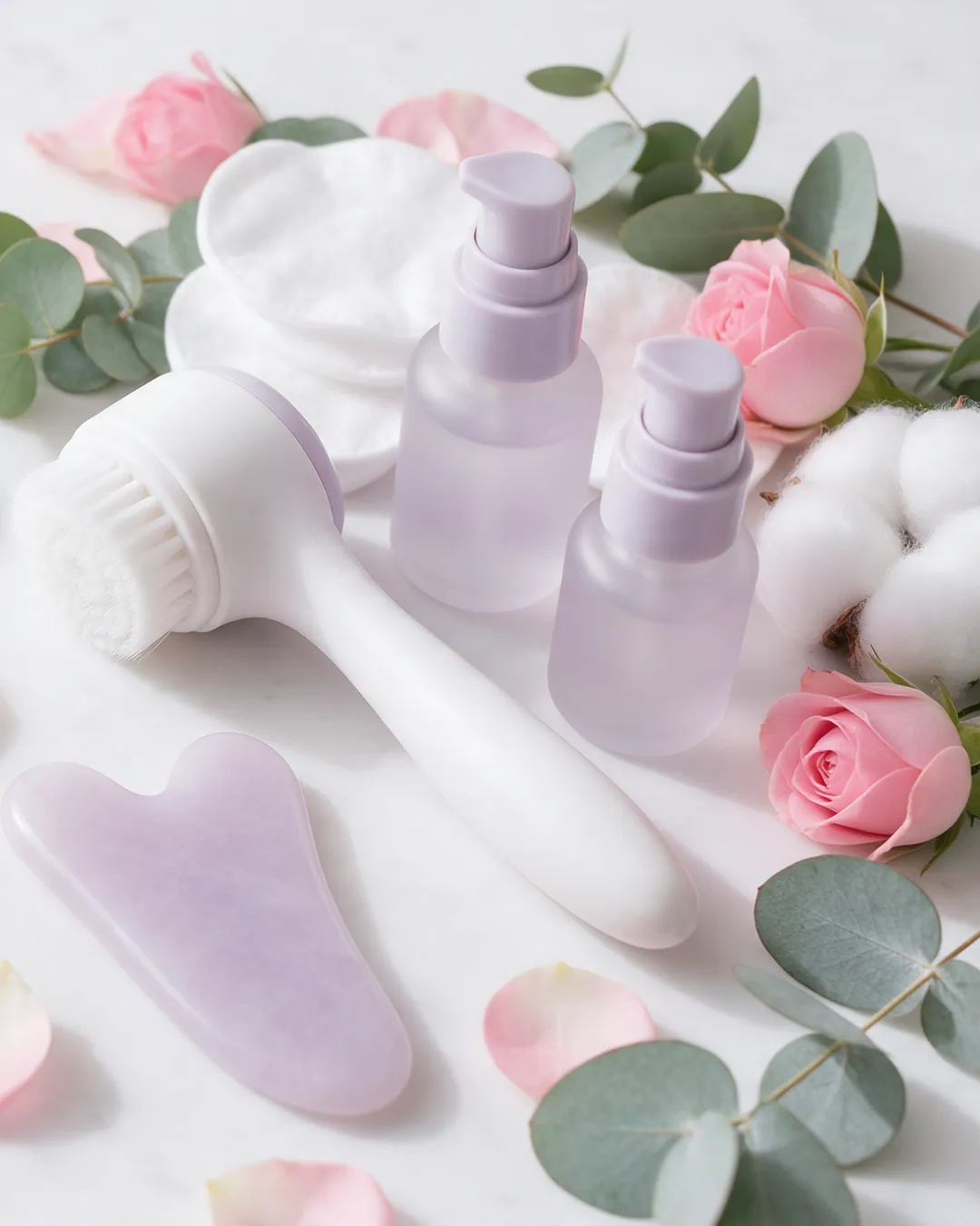 Treatment tools and skincare on white marble